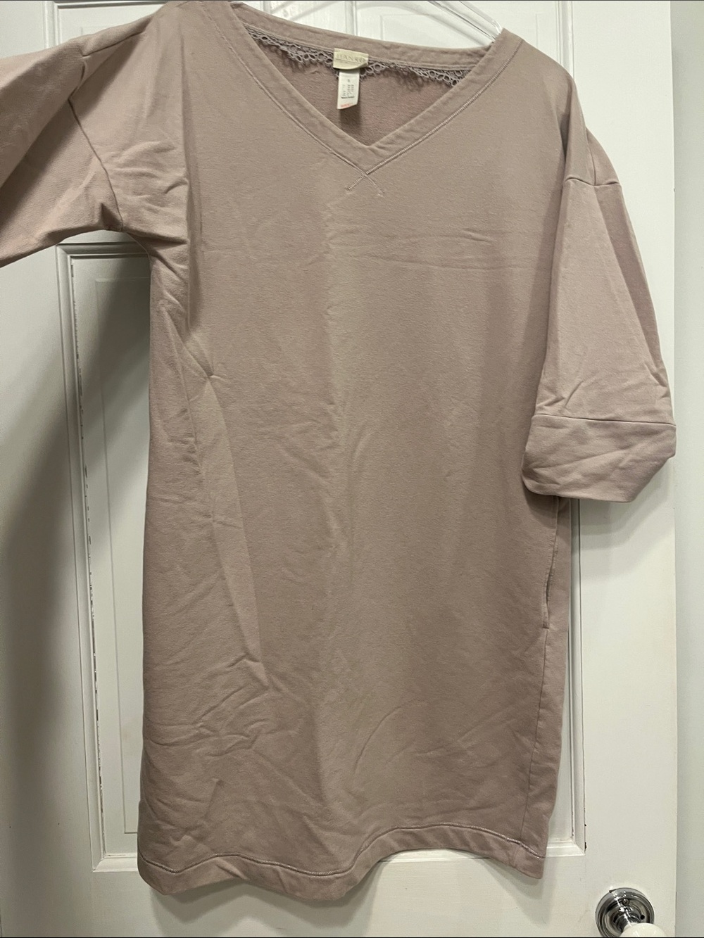 Hanro Switzerland Luxury Soft Gray Lace Trim V-Neck Tunic Sleep Dress - S